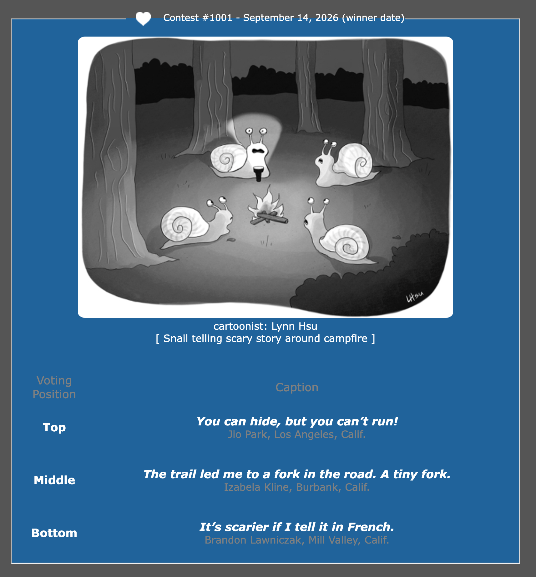 Contest #1001 &mdash; snail holding a flashlight telling a scary story around a campfire, cartoon by Lynn Hsu