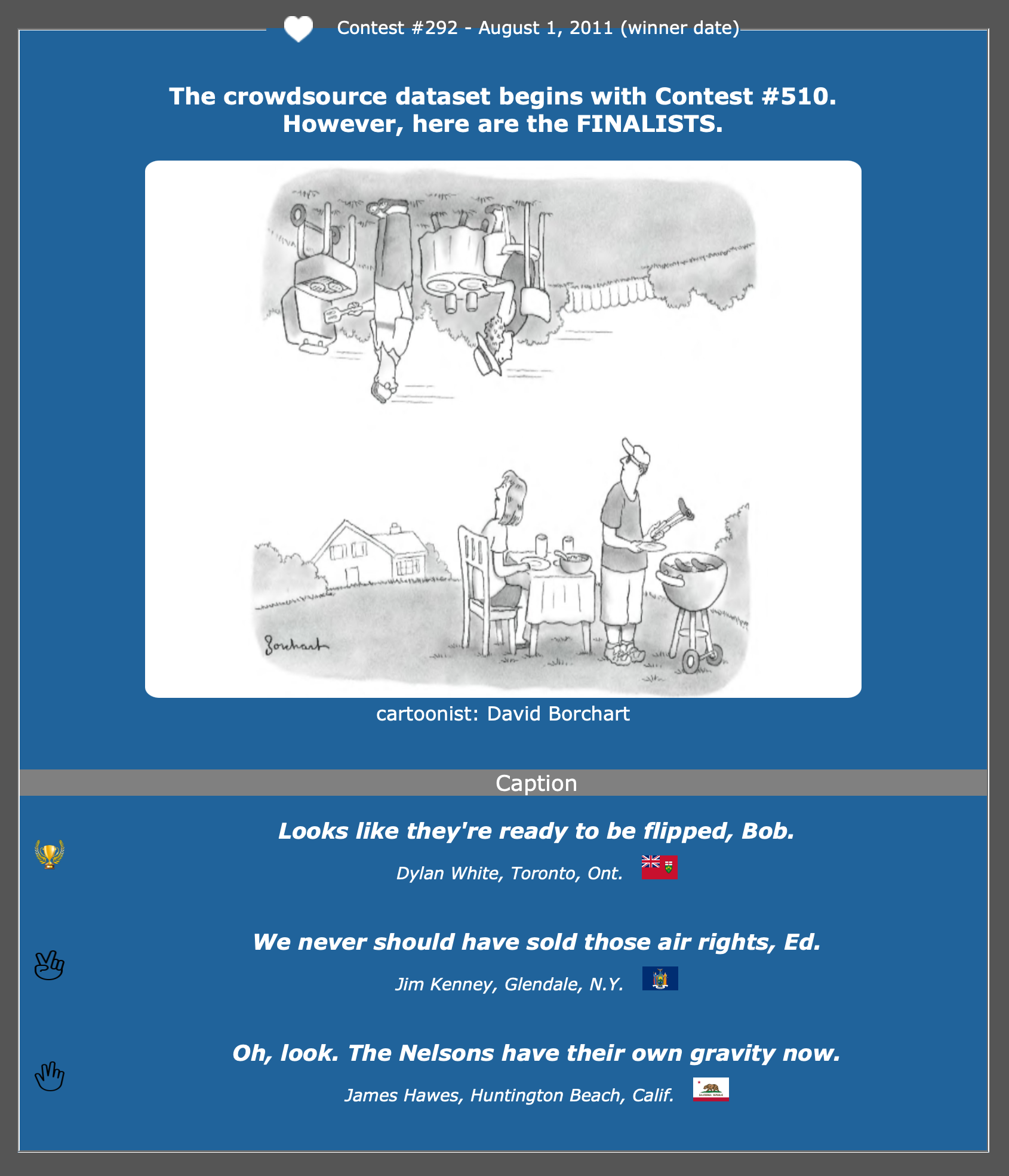 Contest #292 finalists board for a David Borchart cartoon of an upside-down backyard barbecue; the winning caption reads 'Looks like they're ready to be flipped, Bob.'